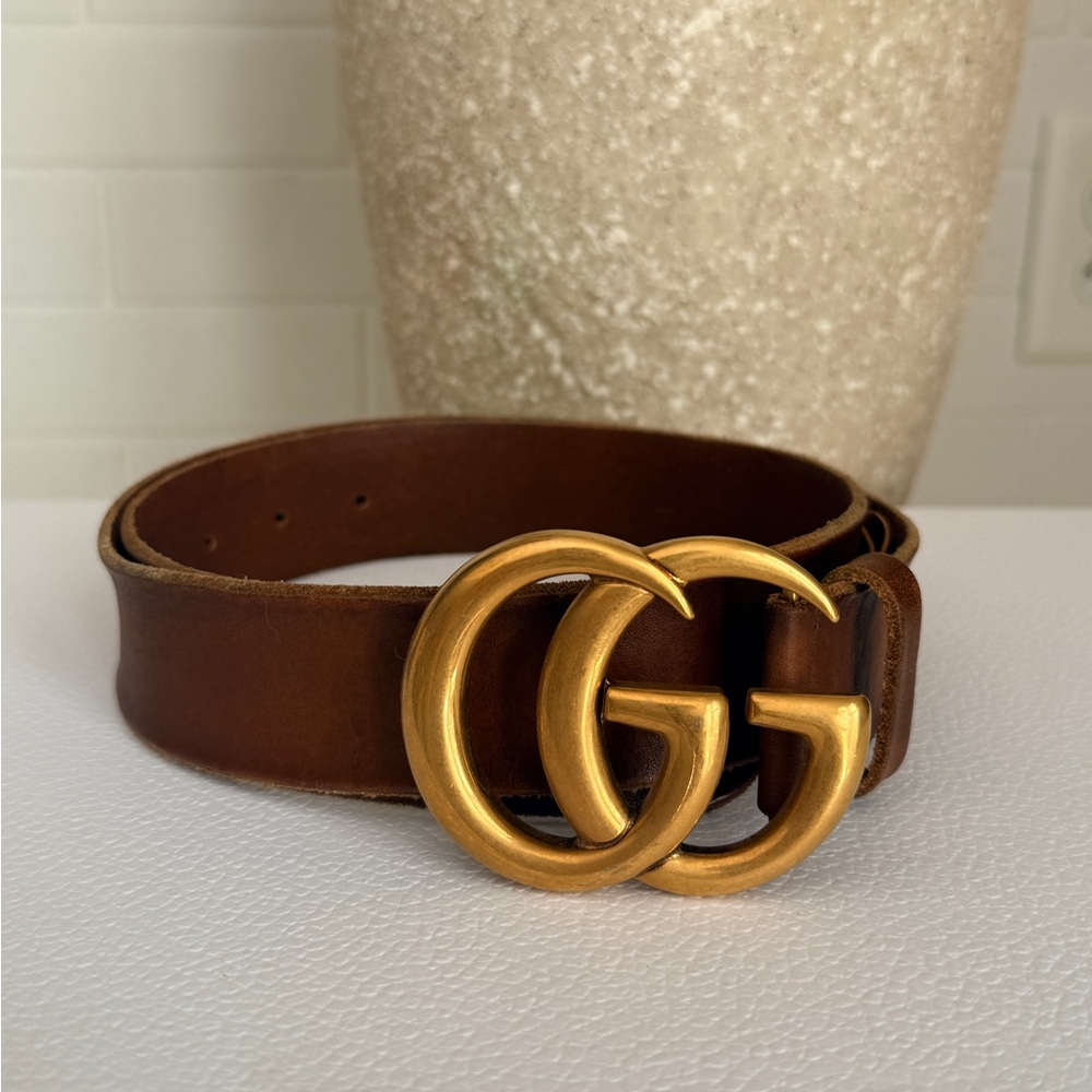 Gucci Brown Leather Belt with Gold Double G Buckle